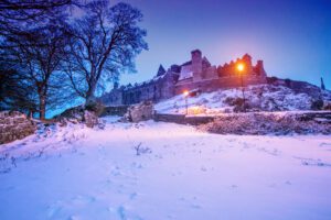 A long shot of the Rock castle in the snow